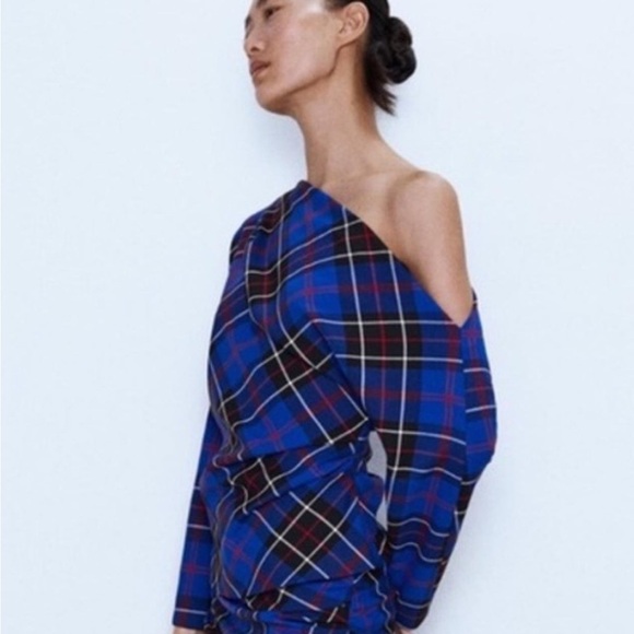 ZARA NEW ASYMMETRIC PLEATED CHECK PRINT TOP SIZE M - Picture 3 of 16